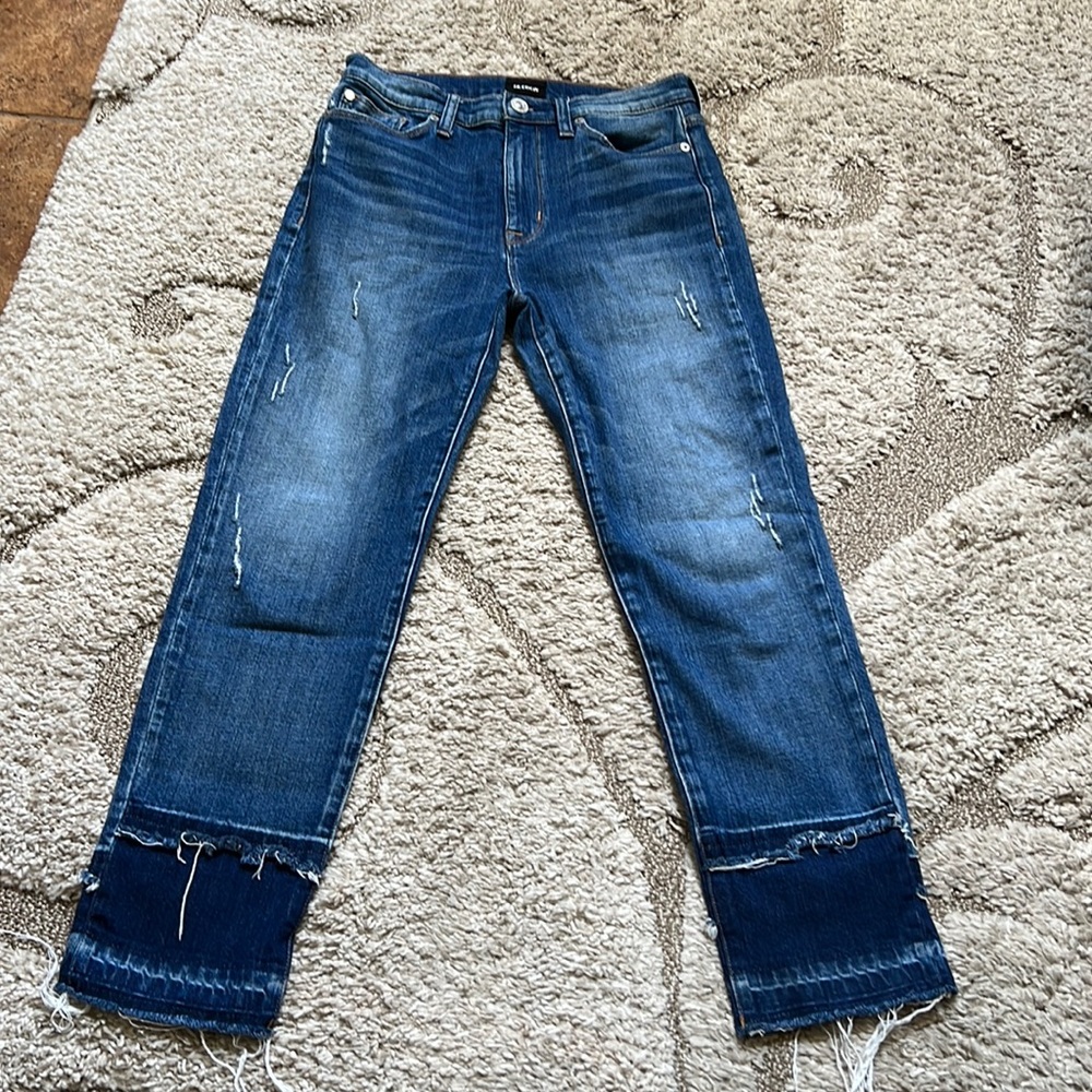 27 HUDSON Zoeey High Rise Straight Crop Medium Wash Denim Blue Jeans Frayed Hem
